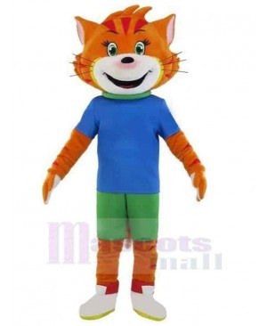 Orange Tiger Mascot Costume Animal in Blue T-shirt