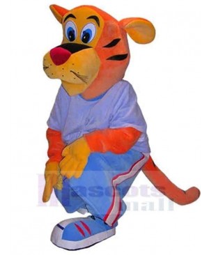 Tiger Mascot Costume Animal in Blue Outfit