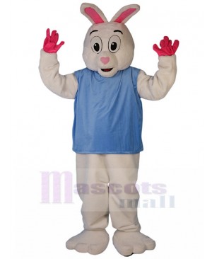 White Rabbit Mascot Costume in Blue Shirt Animal