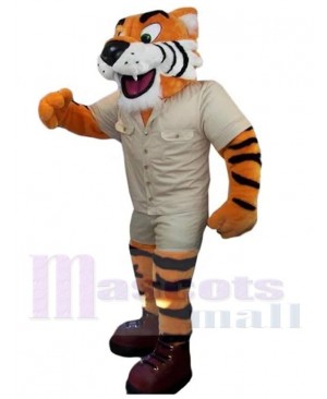 Friendly Tiger Mascot Costume Animal in White Overalls