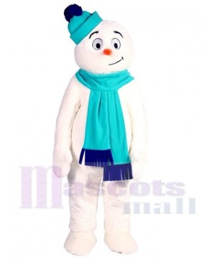 Snowman Mascot Costume Cartoon with Light Blue Hat and Scarf