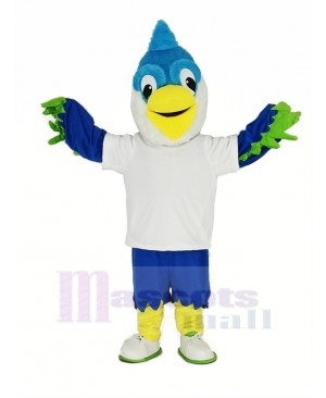 Royal Blue Head Bird with White T-shirt Mascot Costume Animal